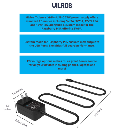 Vilros 27W -5V/5A Raspberry Pi 5 Compatible USB-C Power Supply