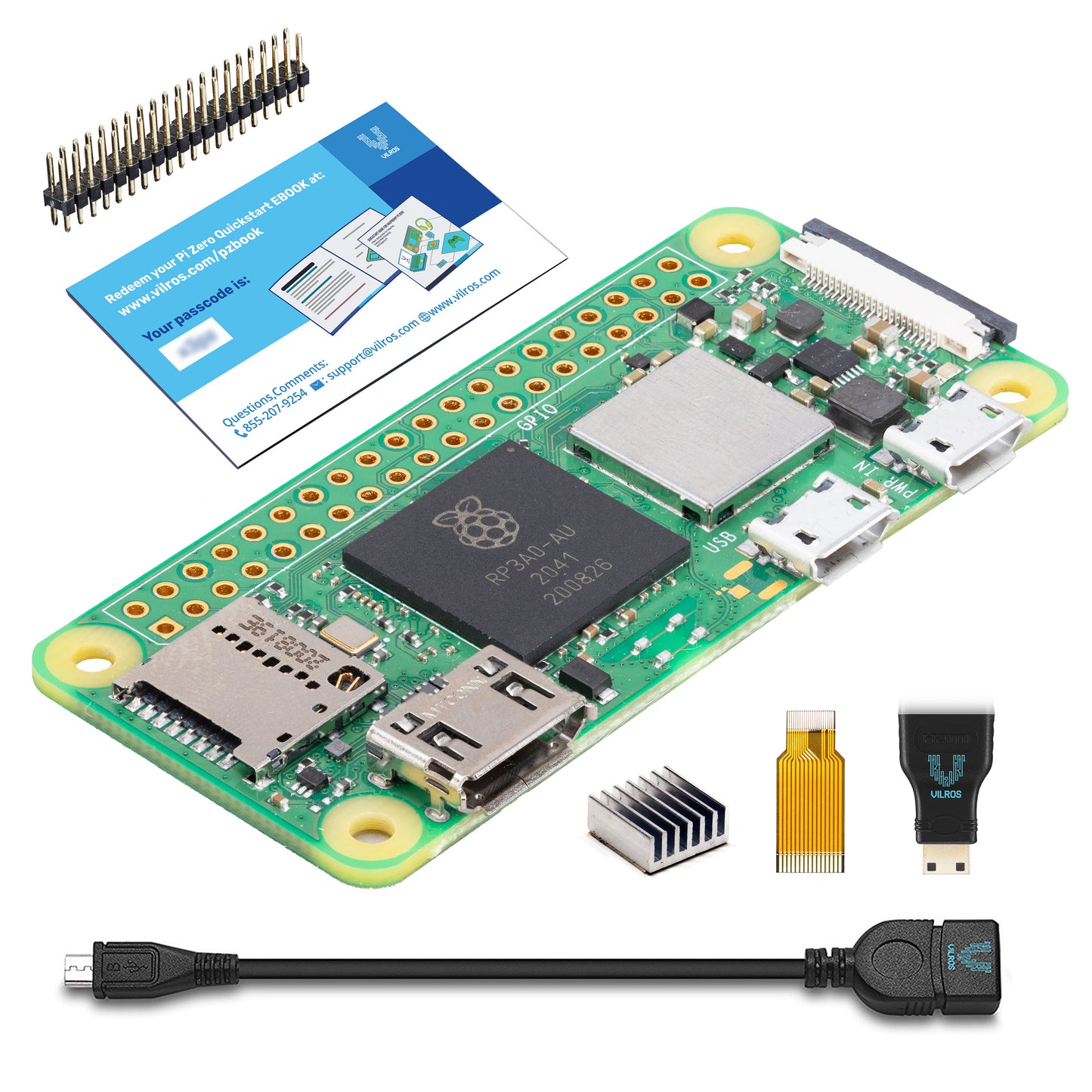 Vilros Raspberry Pi Zero W Two (2) Barebones kit-Includes Pi Zero Two Board, USB OTG Adapter, HDMI Adapter, Camera Module Adapter, 40 Pin Header, Heatsink & Vilros Raspberry Pi Quickstart Ebook