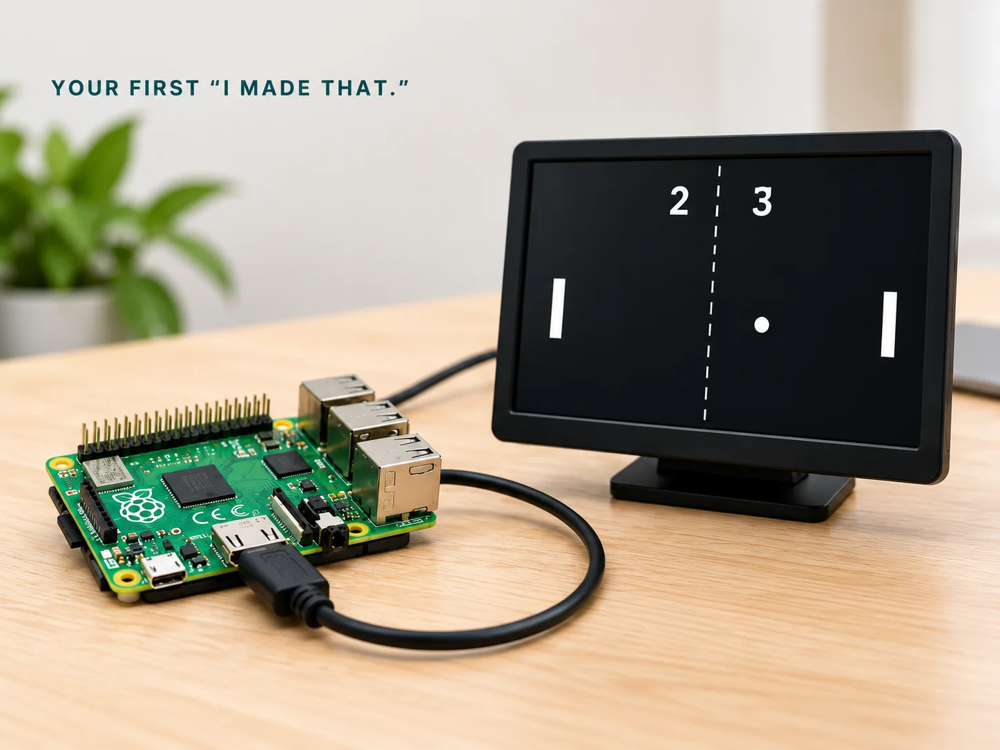 Raspberry Pi connected to a small monitor running Pong on a maker’s desk