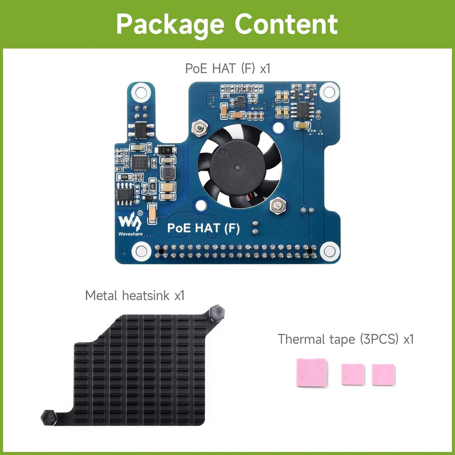Waveshare POE HAT (F) For Raspberry Pi 5 / CM With Onboard Cooling Fan and included Metal Heatsink