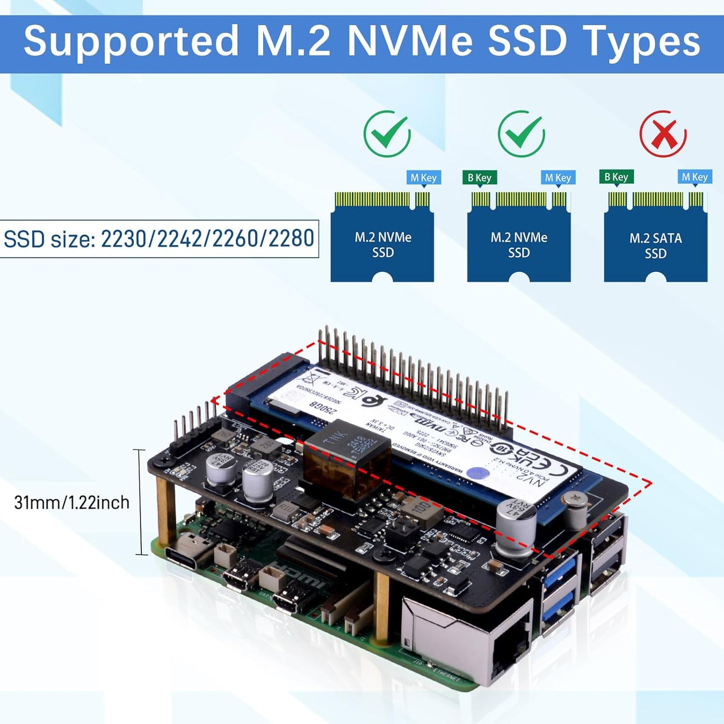 GeeekPi P33 M.2 NVME M-Key PoE+ Hat with Official Pi 5 Active Cooler for Raspberry Pi 5, Support M.2 NVMe SSDs 2230/2242/2260/2280