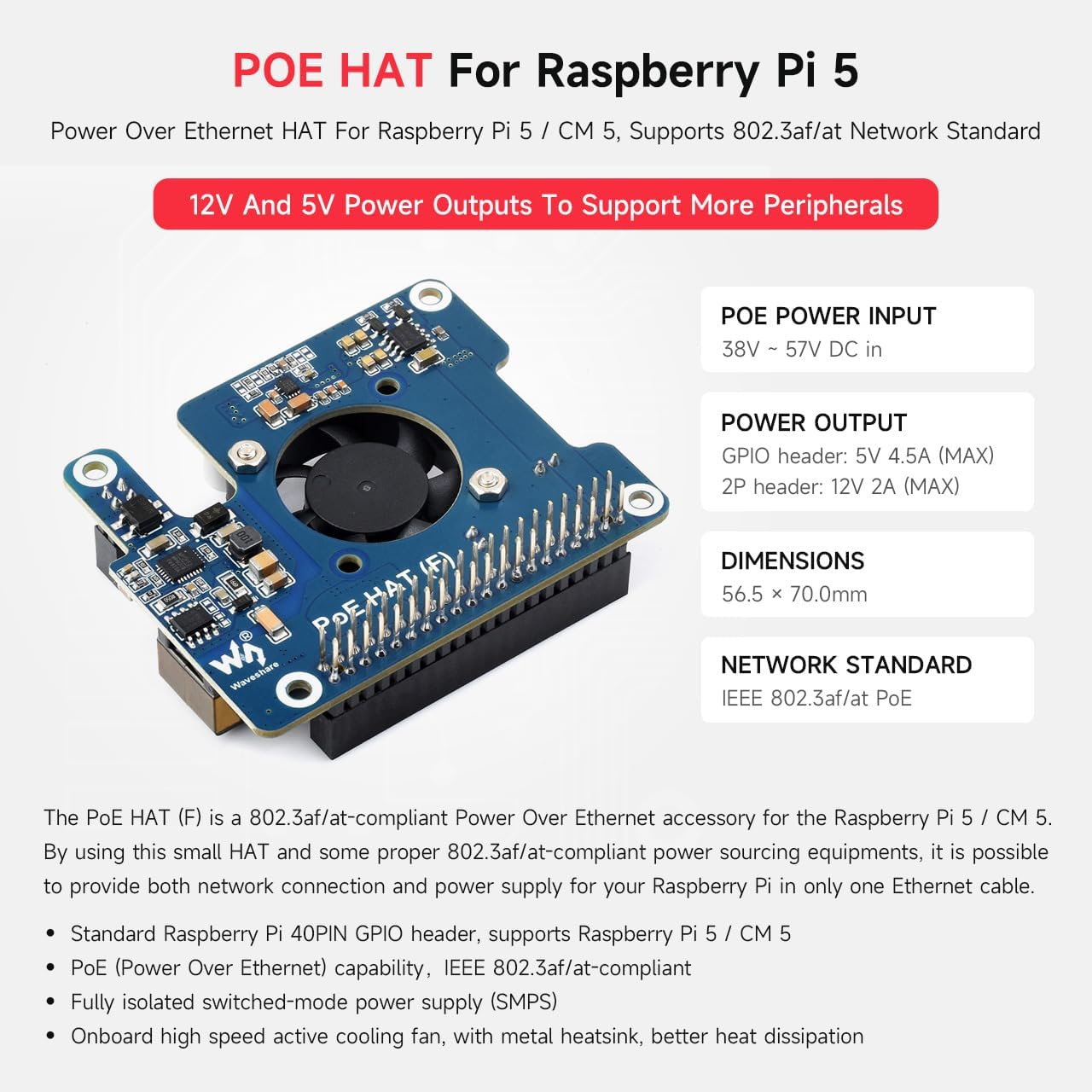 Waveshare POE HAT (F) For Raspberry Pi 5 / CM With Onboard Cooling Fan and included Metal Heatsink