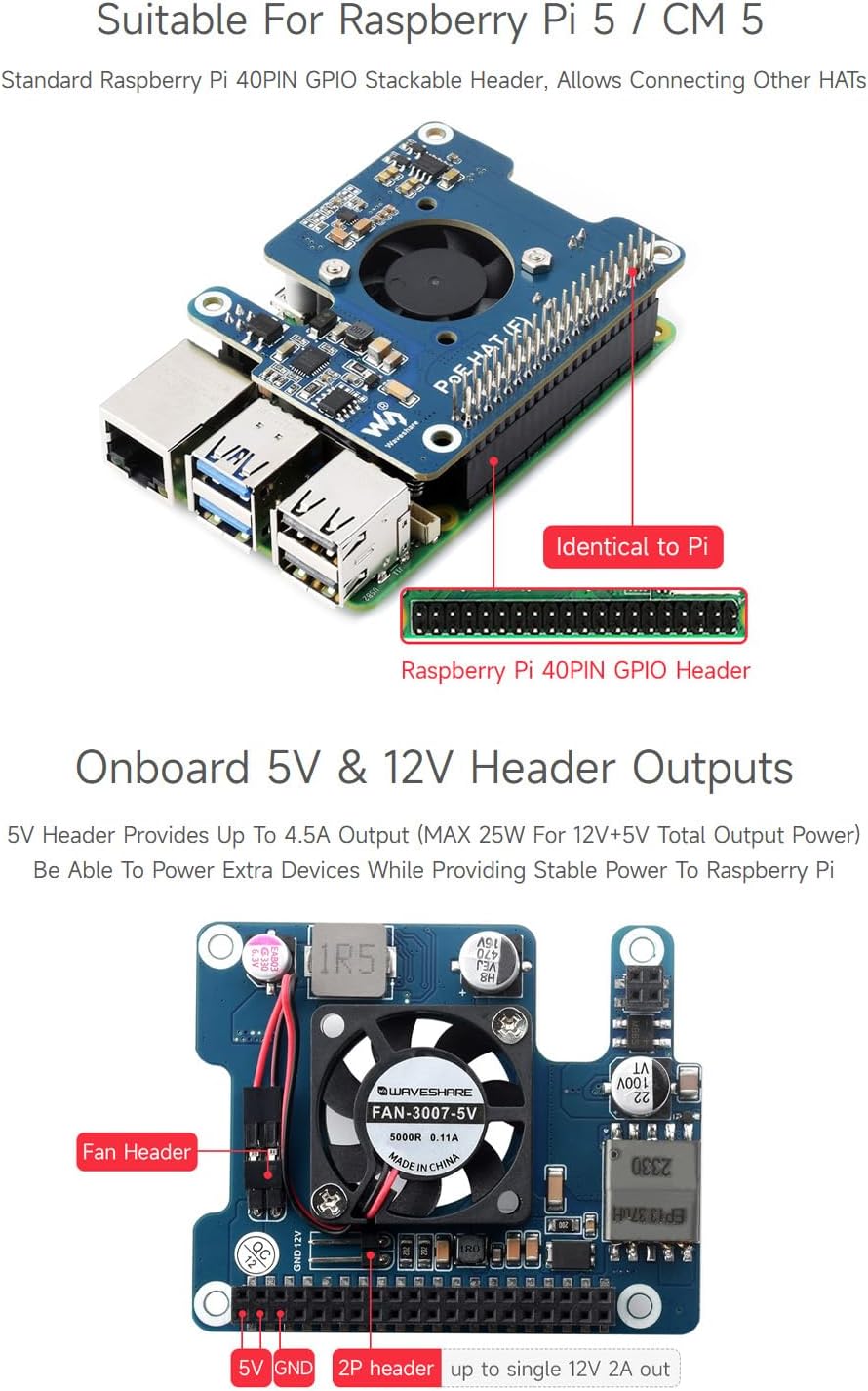 Waveshare POE HAT (F) For Raspberry Pi 5 / CM With Onboard Cooling Fan and included Metal Heatsink