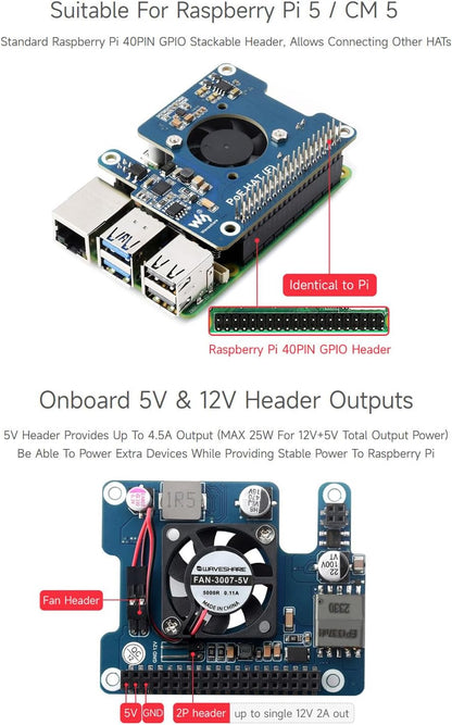 Waveshare POE HAT (F) For Raspberry Pi 5 / CM With Onboard Cooling Fan and included Metal Heatsink