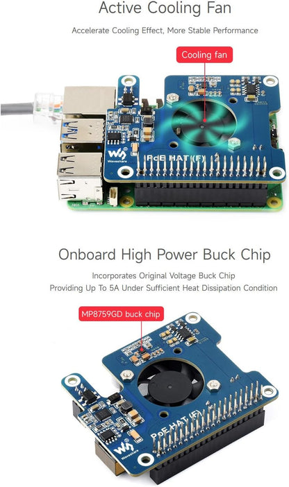 Waveshare POE HAT (F) For Raspberry Pi 5 / CM With Onboard Cooling Fan and included Metal Heatsink