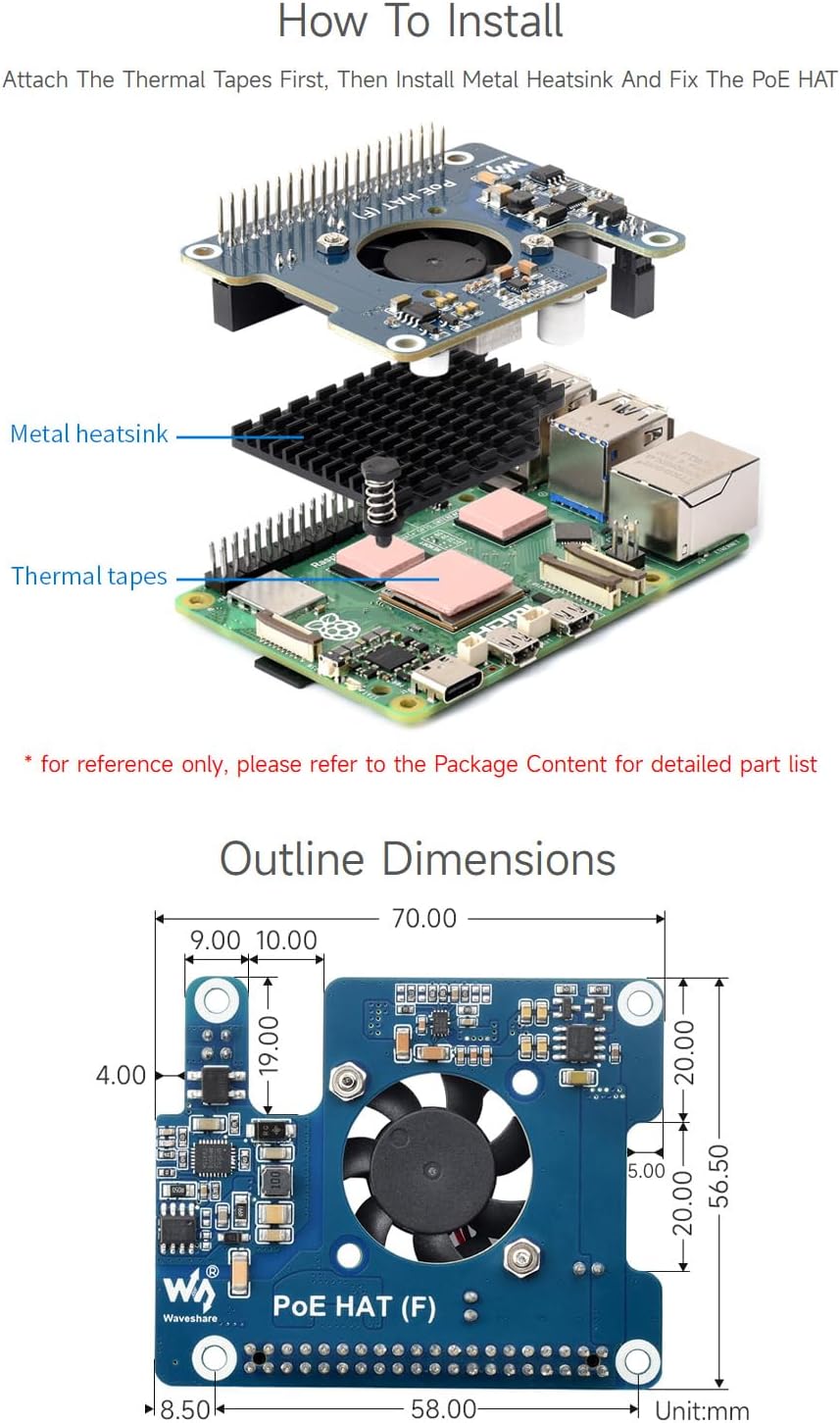 Waveshare POE HAT (F) For Raspberry Pi 5 / CM With Onboard Cooling Fan and included Metal Heatsink