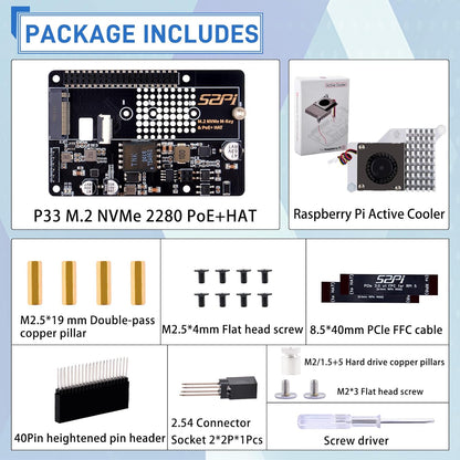 GeeekPi P33 M.2 NVME M-Key PoE+ Hat with Official Pi 5 Active Cooler for Raspberry Pi 5, Support M.2 NVMe SSDs 2230/2242/2260/2280