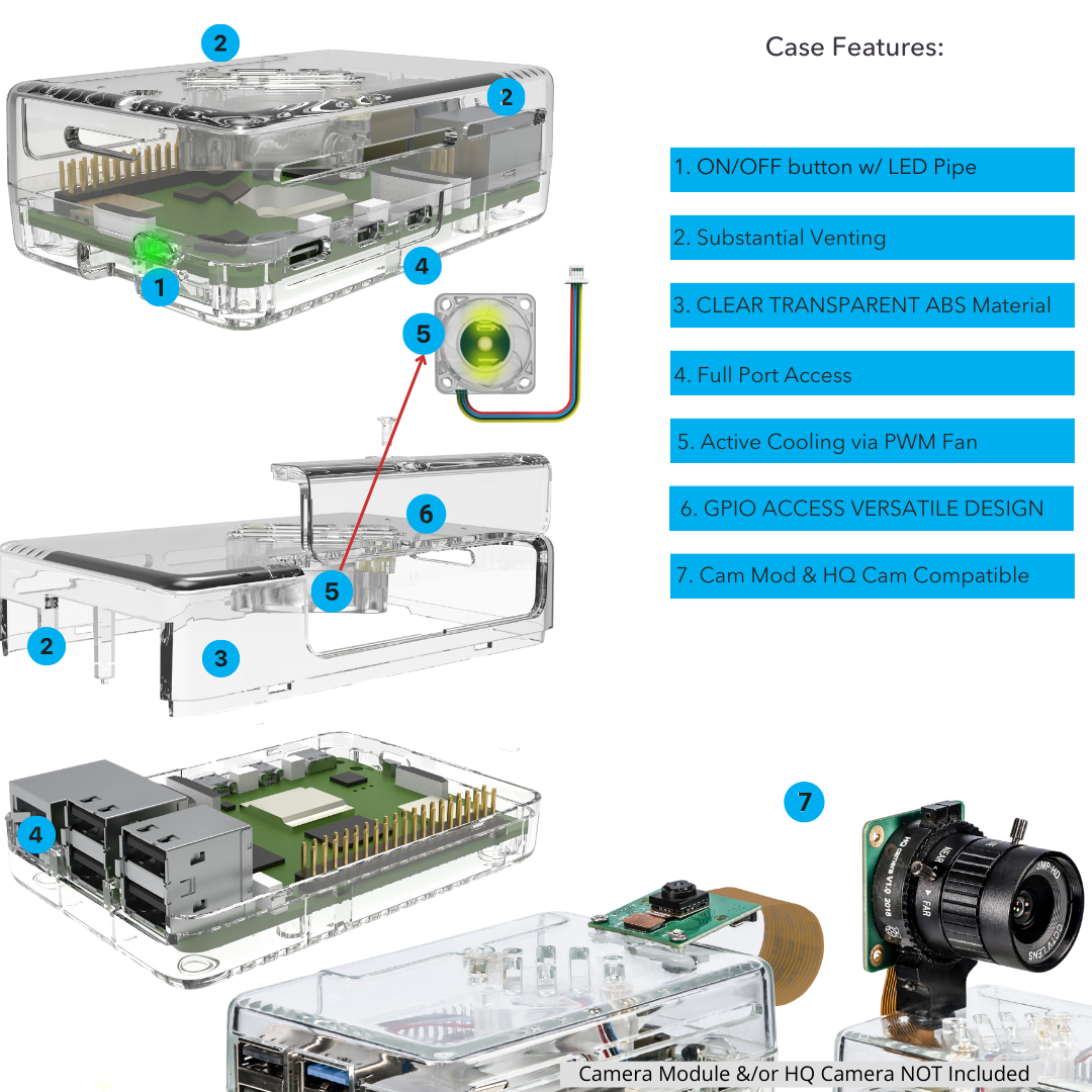Vilros GLOWCOOL Clear Transparent ABS case For Raspberry Pi 5 With LED Fan