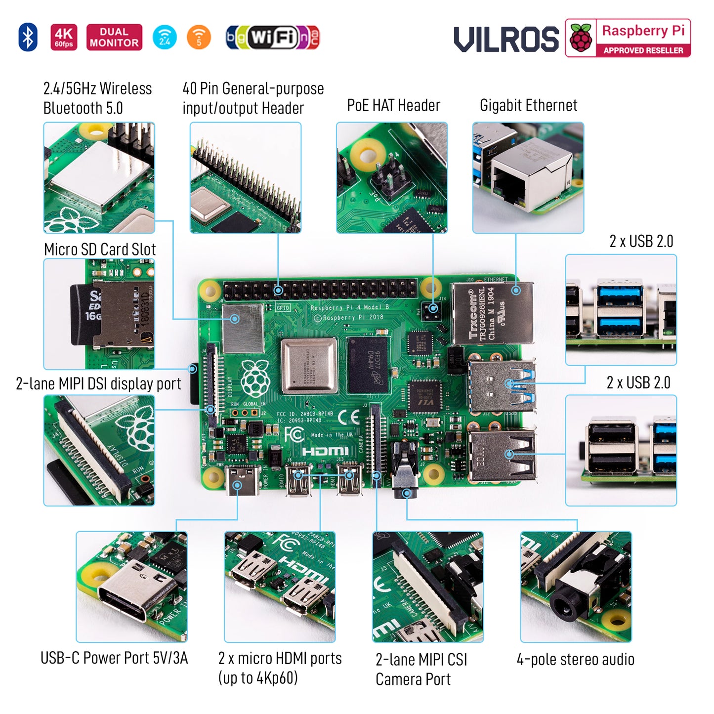 Raspberry Pi 4 Model B with HDMI Female to Micro HDMI Male Adapter-USB-USB-C Adapter-Heatsink - Vilros.com