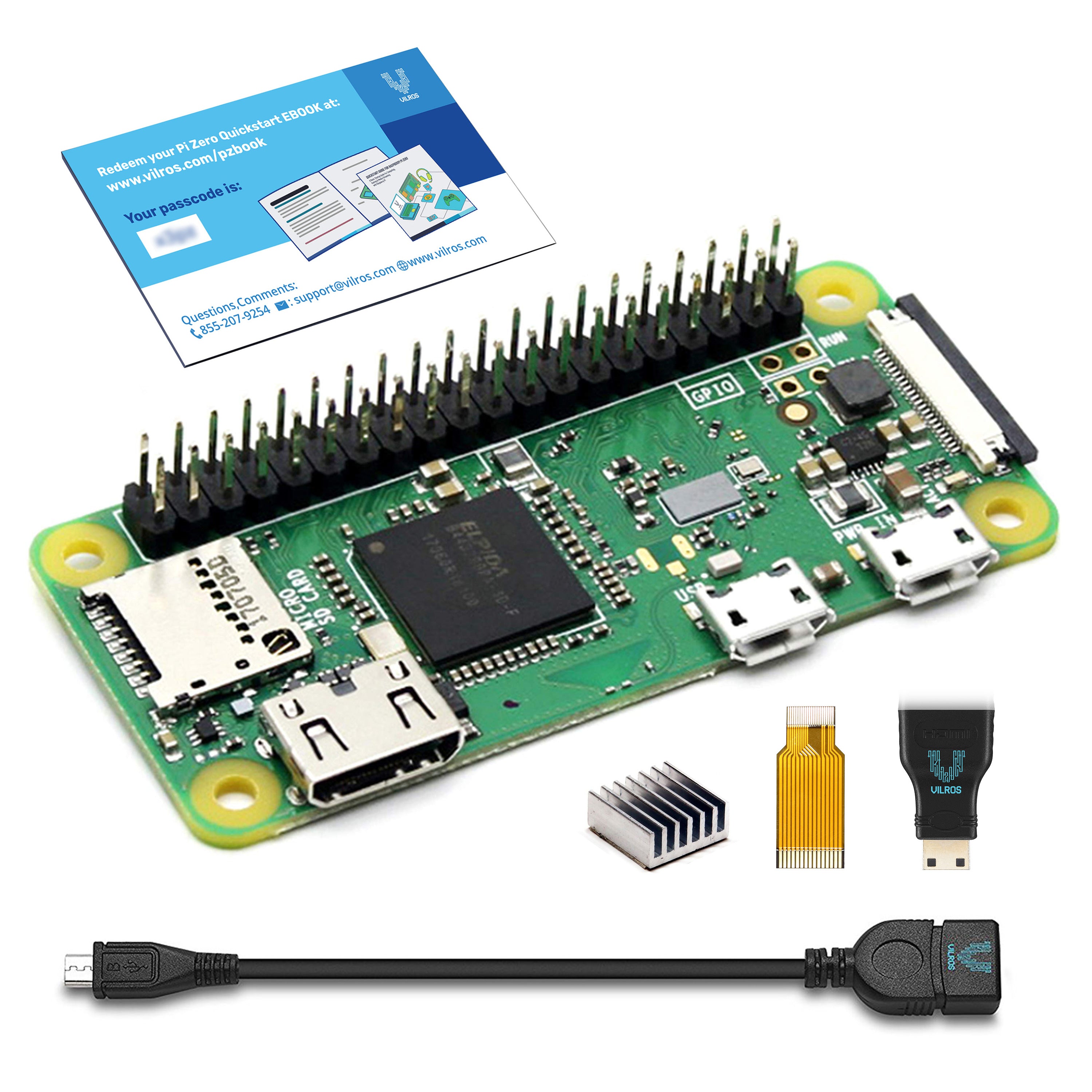 Raspberry Pi Zero W with Vilros Adapters and User Guide E-Book-Includes USB  OTG Adapter, HDMI Adapter, Camera Module Adapter, 40 Pin Header, Heatsink 