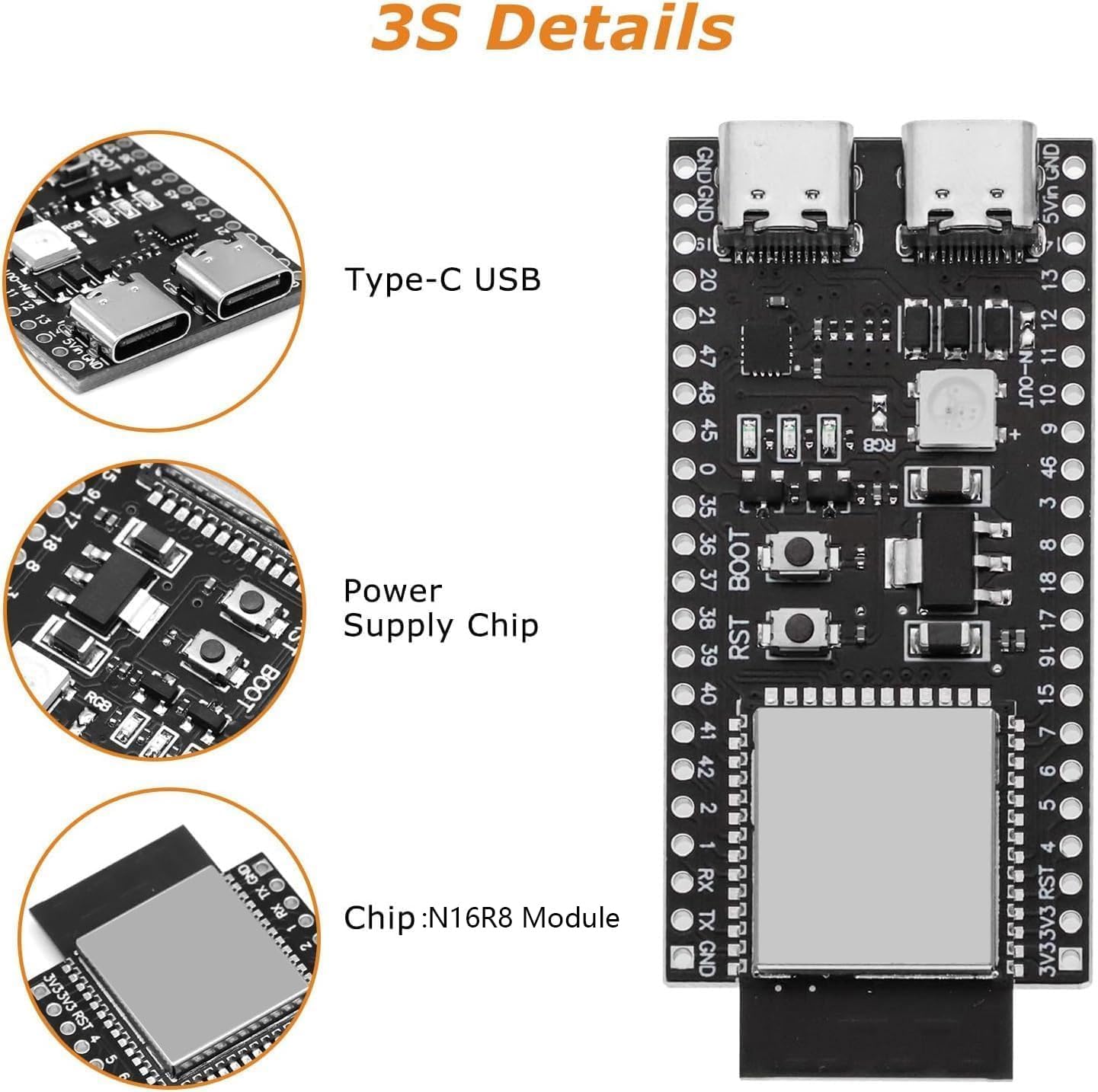 ESP ESP-32-S3 Development Board ESP-32-S3 Module with ESP-1-N16R8 Low Power MCU with Dual-Mode Wi-Fi and Bluetooth Type-C Connector Compatible with Arduino
