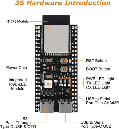 ESP ESP-32-S3 Development Board ESP-32-S3 Module with ESP-1-N16R8 Low Power MCU with Dual-Mode Wi-Fi and Bluetooth Type-C Connector Compatible with Arduino