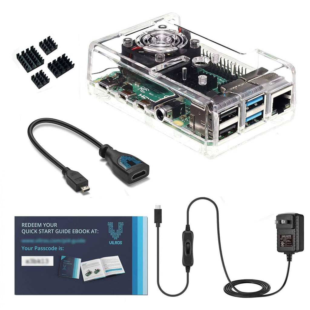 Pi 4 Accessory Starter Pack - Includes: Fan-Cooled Case - Power Supply - Heatsink (Set of 4) - & Micro HDMI Adapter - Designed for Raspberry Pi 4 - Vilros.com