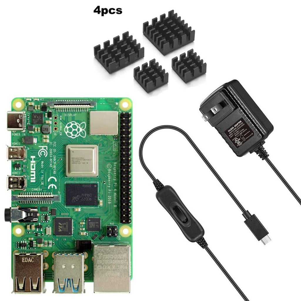 Raspberry Pi 4 Model B With Vilros USB-C Power Supply With Switch [3 Amp] & Set of 4 Heatsinks - Vilros.com