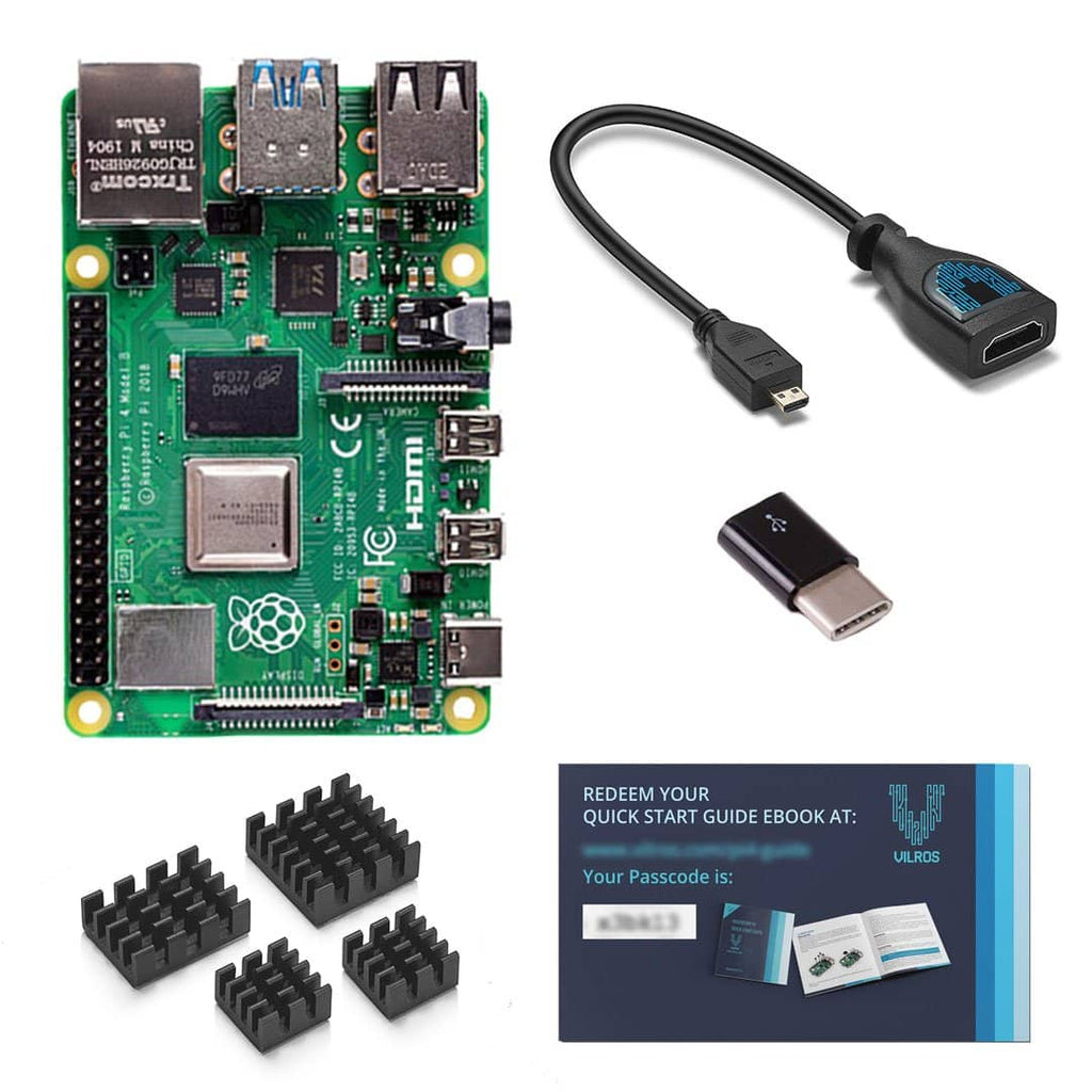 Raspberry Pi 4 Model B with HDMI Female to Micro HDMI Male Adapter-USB-USB-C Adapter-Heatsink - Vilros.com